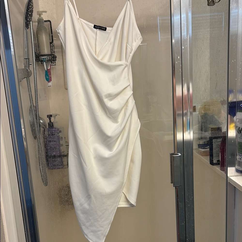 Mind Code Cream Asymmetrical Wrap Dress